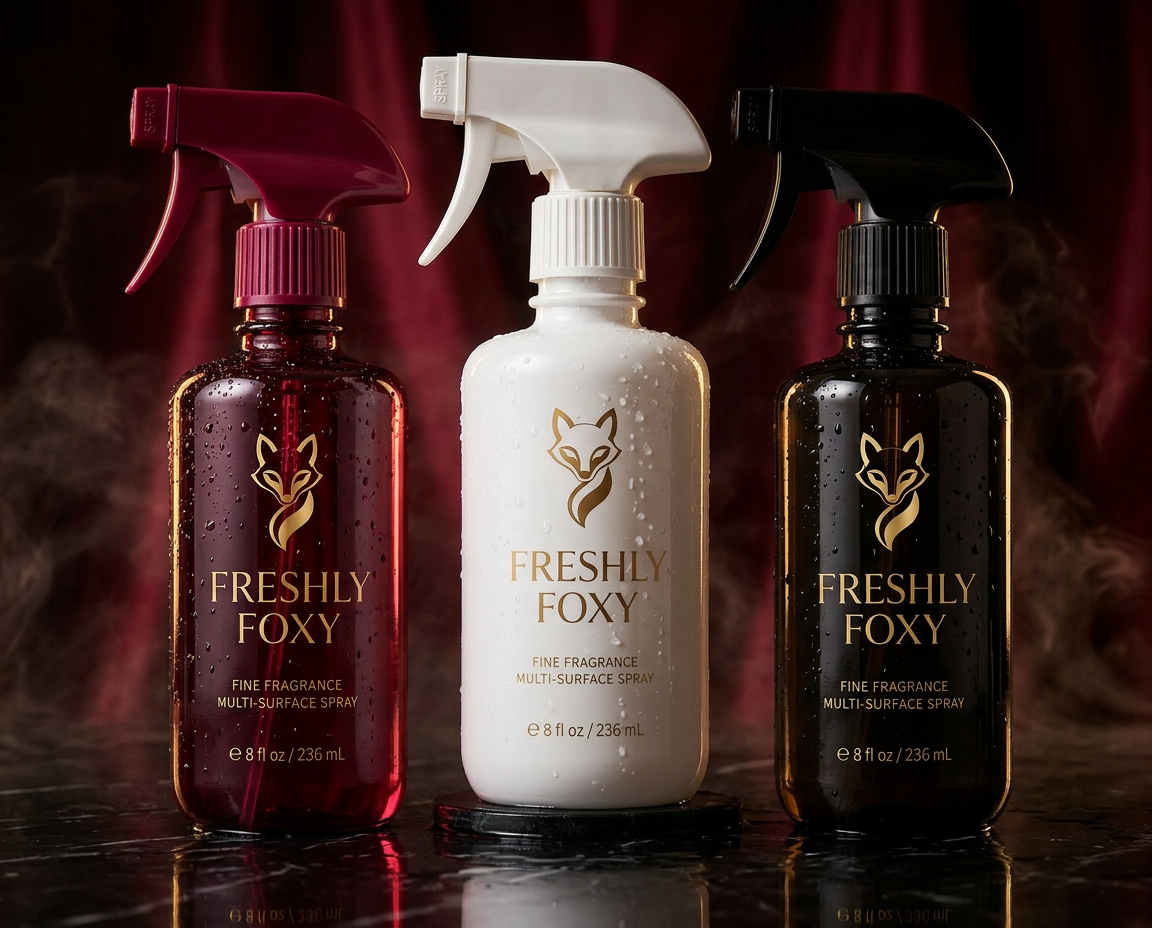 Three Freshly Foxy sculptural spray bottles on black marble